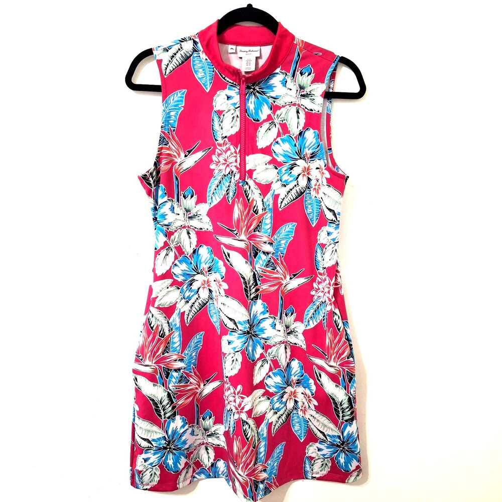 Tommy Bahama Golf Dress M Pink Fuchsia Tropical 1/4 Zip pockets Resort Island